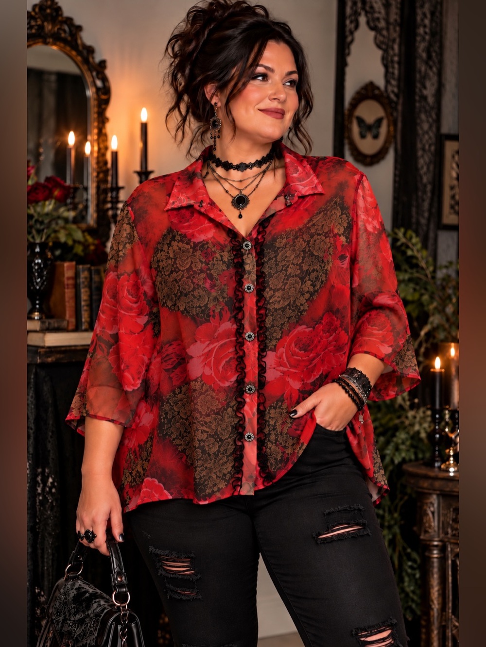 Size XL | Vintage 90s T & Company Woman Red Floral Sheer Button-Up Blouse